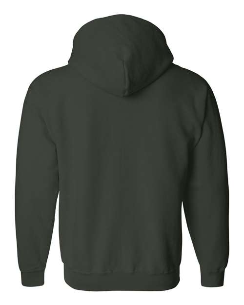 Gildan 18600 Heavy Blend full-zip hoodie in Forest, back view showing the hood, long sleeves and ribbed hem.
