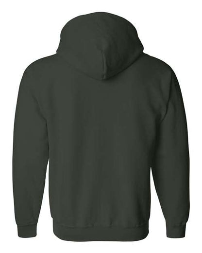 Gildan 18600 Heavy Blend full-zip hoodie in Forest, back view showing the hood, long sleeves and ribbed hem.