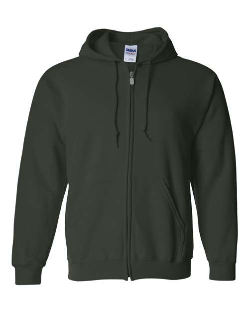 Gildan 18600 Heavy Blend full-zip hoodie in Forest, front view showing the zipper, drawstring hood and pouch pockets.