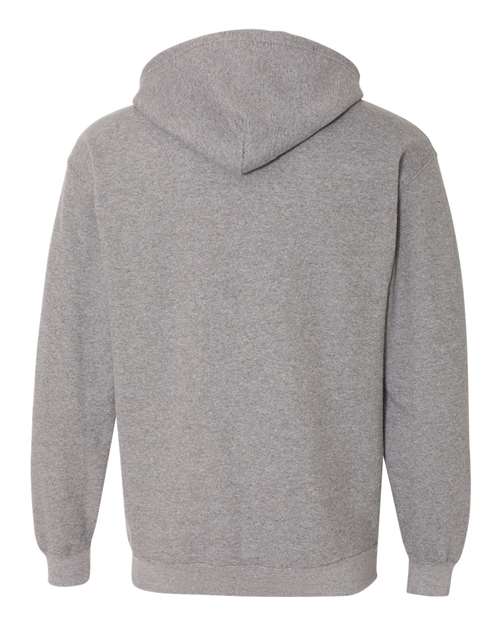 Gildan 18600 Heavy Blend full-zip hoodie in Graphite Heather, back view showing the hood, long sleeves and ribbed hem.