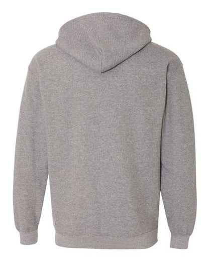 Gildan 18600 Heavy Blend full-zip hoodie in Graphite Heather, back view showing the hood, long sleeves and ribbed hem.