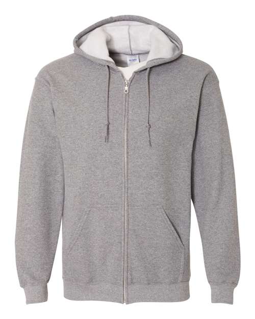 Gildan 18600 Heavy Blend full-zip hoodie in Graphite Heather, front view showing the zipper, drawstring hood and pouch pockets.