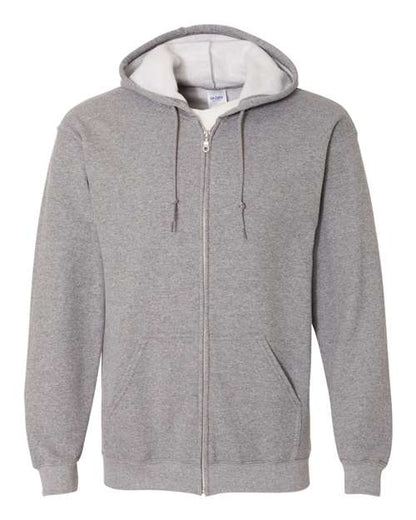 Gildan 18600 Heavy Blend full-zip hoodie in Graphite Heather, front view showing the zipper, drawstring hood and pouch pockets.