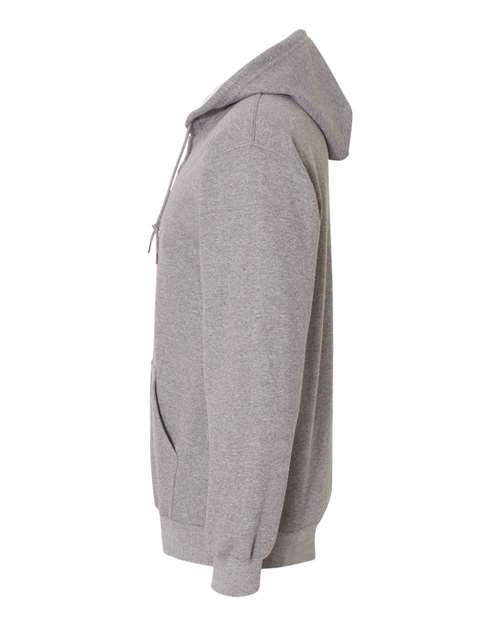 Gildan 18600 Heavy Blend full-zip hoodie in Graphite Heather, side view showing the hood, sleeve and ribbed cuff.