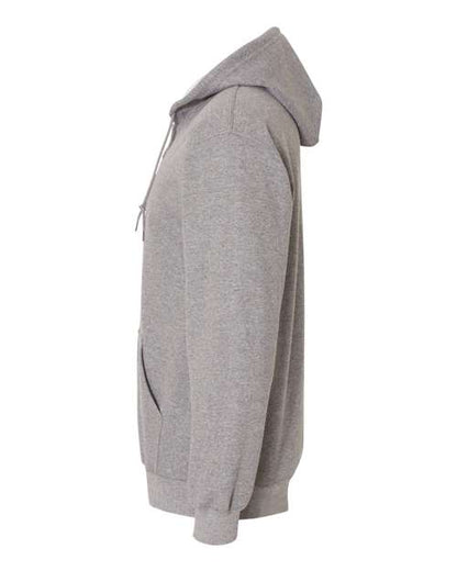 Gildan 18600 Heavy Blend full-zip hoodie in Graphite Heather, side view showing the hood, sleeve and ribbed cuff.