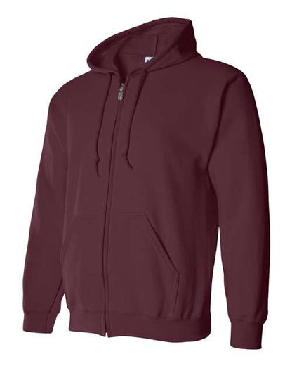 Gildan 18600 Heavy Blend full-zip hoodie in Maroon, angled front view showing the hood, zipper and pouch pockets.