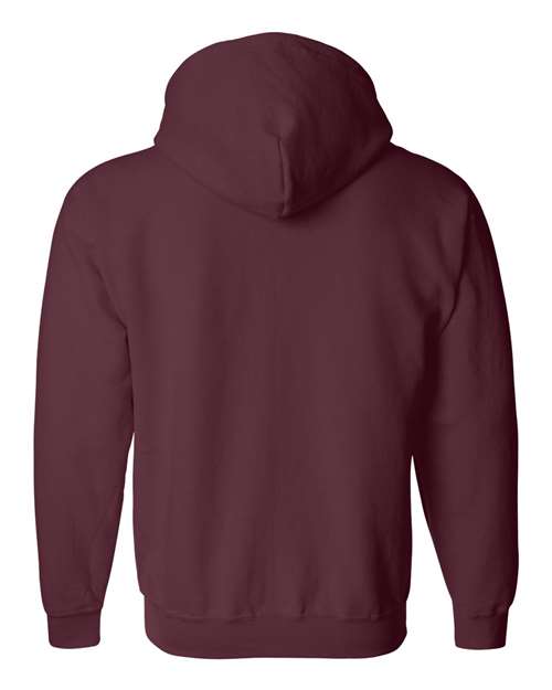Gildan 18600 Heavy Blend full-zip hoodie in Maroon, back view showing the hood, long sleeves and ribbed hem.