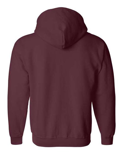 Gildan 18600 Heavy Blend full-zip hoodie in Maroon, back view showing the hood, long sleeves and ribbed hem.