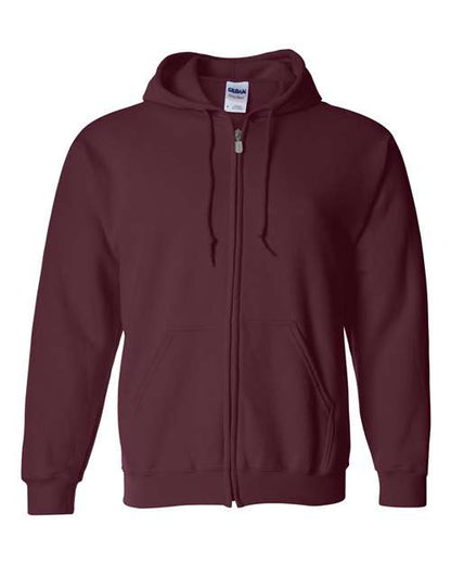 Gildan 18600 Heavy Blend full-zip hoodie in Maroon, front view showing the zipper, drawstring hood and pouch pockets.