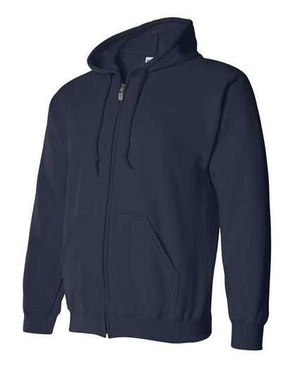 Gildan 18600 Heavy Blend full-zip hoodie in Navy, angled front view showing the hood, zipper and pouch pockets.