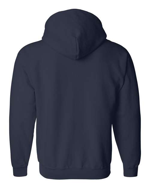 Gildan 18600 Heavy Blend full-zip hoodie in Navy, back view showing the hood, long sleeves and ribbed hem.