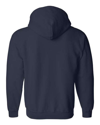 Gildan 18600 Heavy Blend full-zip hoodie in Navy, back view showing the hood, long sleeves and ribbed hem.