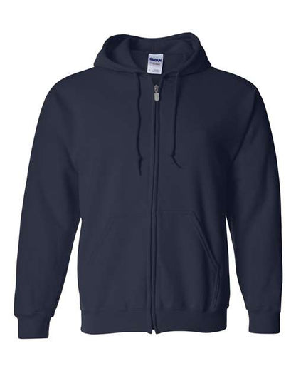 Gildan 18600 Heavy Blend full-zip hoodie in Navy, front view showing the zipper, drawstring hood and pouch pockets.