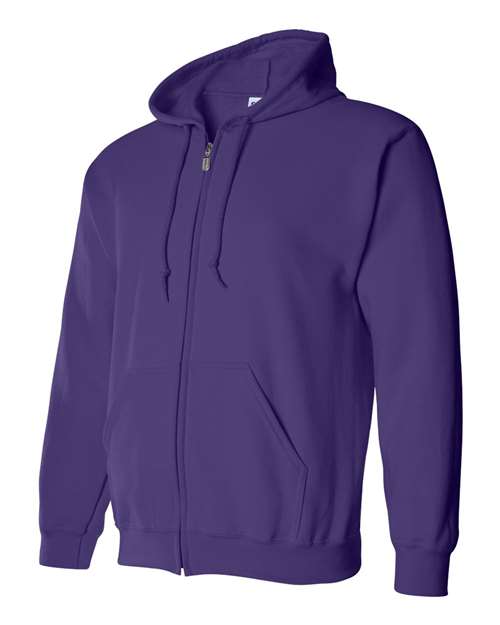 Gildan 18600 Heavy Blend full-zip hoodie in Purple, angled front view showing the hood, zipper and pouch pockets.