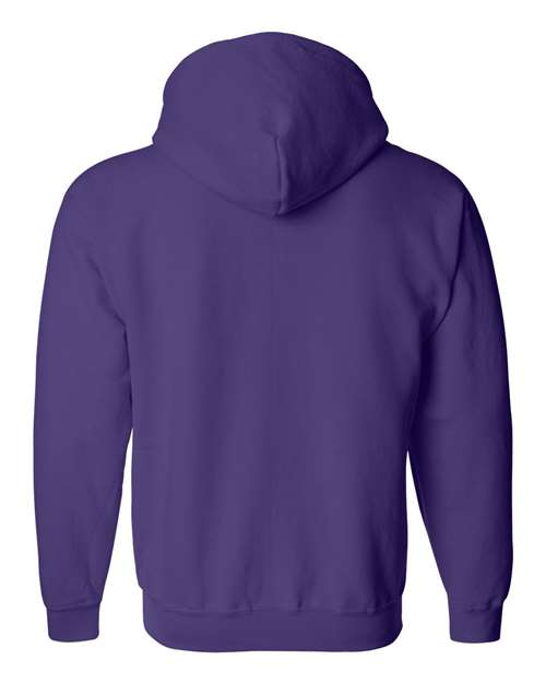 Gildan 18600 Heavy Blend full-zip hoodie in Purple, back view showing the hood, long sleeves and ribbed hem.