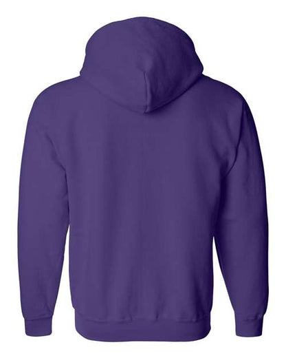Gildan 18600 Heavy Blend full-zip hoodie in Purple, back view showing the hood, long sleeves and ribbed hem.