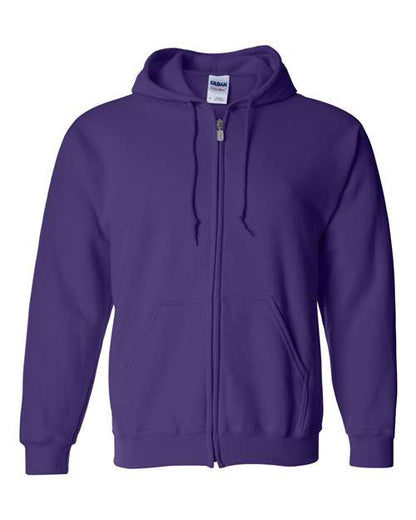 Gildan 18600 Heavy Blend full-zip hoodie in Purple, front view showing the zipper, drawstring hood and pouch pockets.