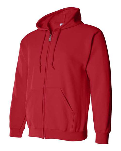 Gildan 18600 Heavy Blend full-zip hoodie in Red, angled front view showing the hood, zipper and pouch pockets.