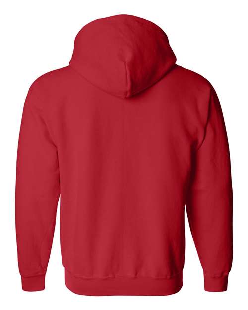 Gildan 18600 Heavy Blend full-zip hoodie in Red, back view showing the hood, long sleeves and ribbed hem.