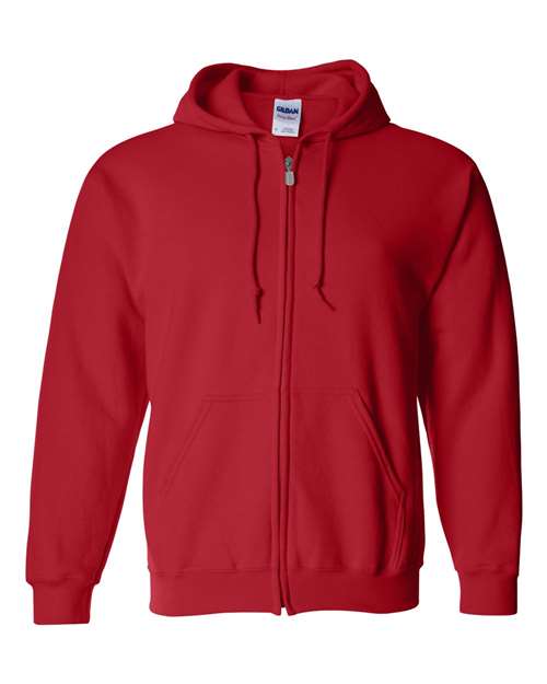 Gildan 18600 Heavy Blend full-zip hoodie in Red, front view showing the zipper, drawstring hood and pouch pockets.