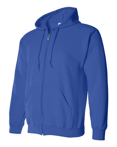 Gildan 18600 Heavy Blend full-zip hoodie in Royal, angled front view showing the hood, zipper and pouch pockets.