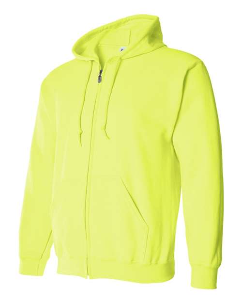 Gildan 18600 Heavy Blend full-zip hoodie in Safety Green, angled front view showing the hood, zipper and pouch pockets.