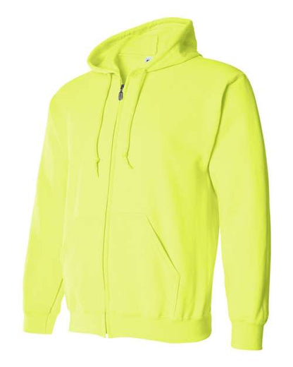 Gildan 18600 Heavy Blend full-zip hoodie in Safety Green, angled front view showing the hood, zipper and pouch pockets.