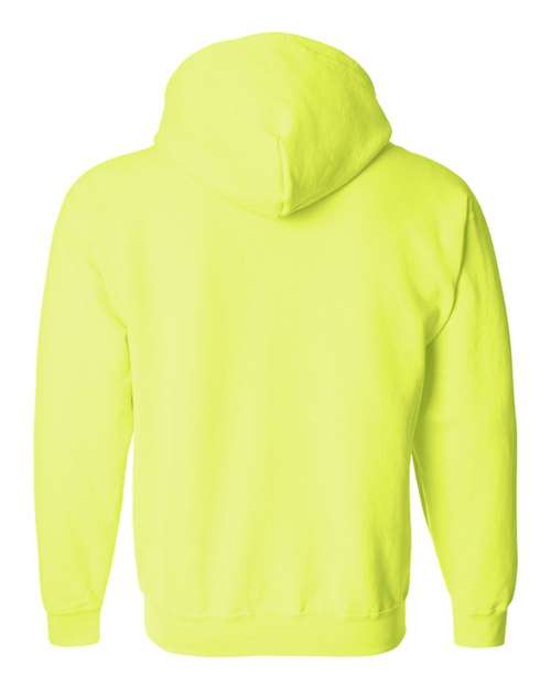 Gildan 18600 Heavy Blend full-zip hoodie in Safety Green, back view showing the hood, long sleeves and ribbed hem.