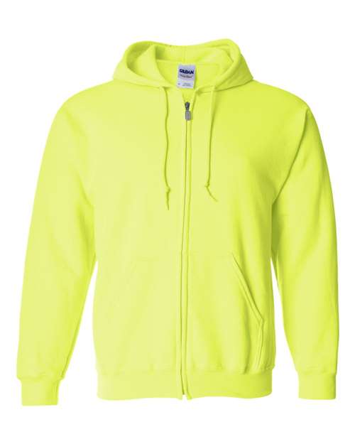 Gildan 18600 Heavy Blend full-zip hoodie in Safety Green, front view showing the zipper, drawstring hood and pouch pockets.