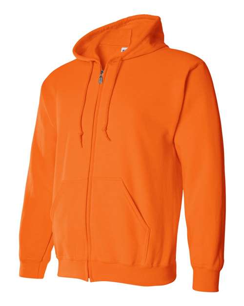 Gildan 18600 Heavy Blend full-zip hoodie in Safety Orange, angled front view showing the hood, zipper and pouch pockets.