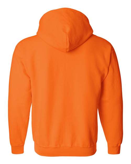 Gildan 18600 Heavy Blend full-zip hoodie in Safety Orange, back view showing the hood, long sleeves and ribbed hem.