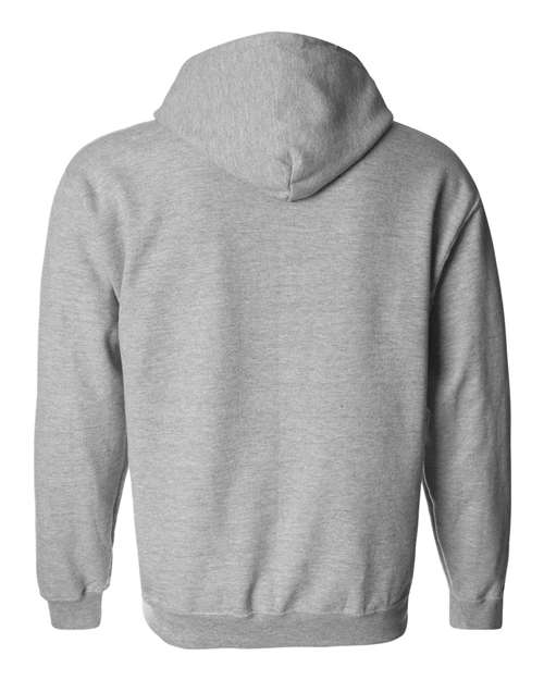 Gildan 18600 Heavy Blend full-zip hoodie in Sport Grey, back view showing the hood, long sleeves and ribbed hem.