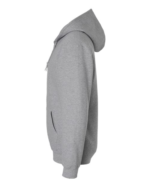 Gildan 18600 Heavy Blend full-zip hoodie in Sport Grey, side view showing the hood, sleeve and ribbed cuff.