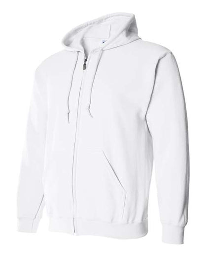 Gildan 18600 Heavy Blend full-zip hoodie in White, angled front view showing the hood, zipper and pouch pockets.