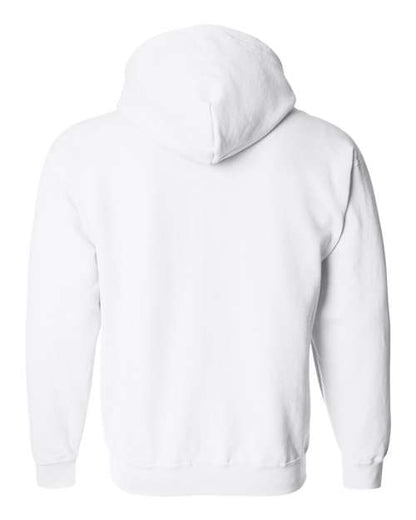 Gildan 18600 Heavy Blend full-zip hoodie in White, back view showing the hood, long sleeves and ribbed hem.