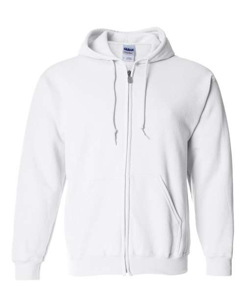 Gildan 18600 Heavy Blend full-zip hoodie in White, front view showing the zipper, drawstring hood and pouch pockets.