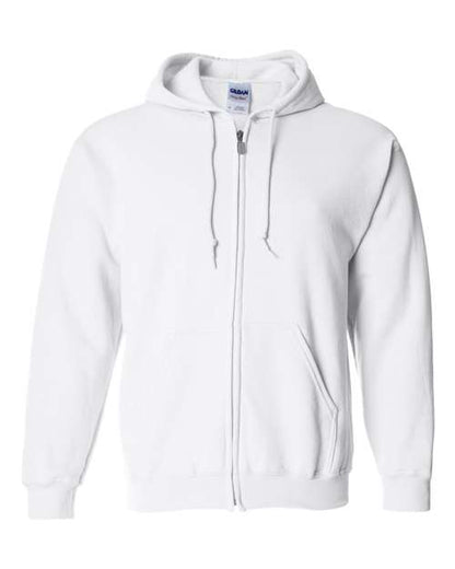 Gildan 18600 Heavy Blend full-zip hoodie in White, front view showing the zipper, drawstring hood and pouch pockets.