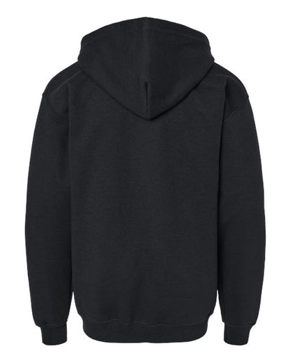 Gildan 18600B Heavy Blend youth full-zip hoodie in Black, back view showing the hood, long sleeves and ribbed hem.