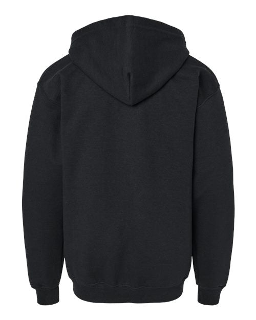Gildan 18600B Heavy Blend youth full-zip hoodie in Black, back view showing the hood, long sleeves and ribbed hem.