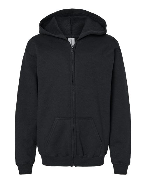 Gildan 18600B Heavy Blend youth full-zip hoodie in Black, front view showing the zipper, hood and pouch pockets.