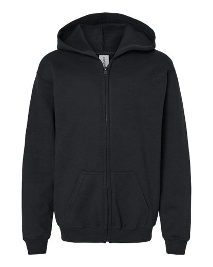 Gildan 18600B Heavy Blend youth full-zip hoodie in Black, front view showing the zipper, hood and pouch pockets.