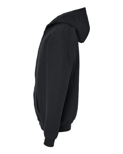 Gildan 18600B Heavy Blend youth full-zip hoodie in Black, side view showing the hood, sleeve and ribbed cuff.