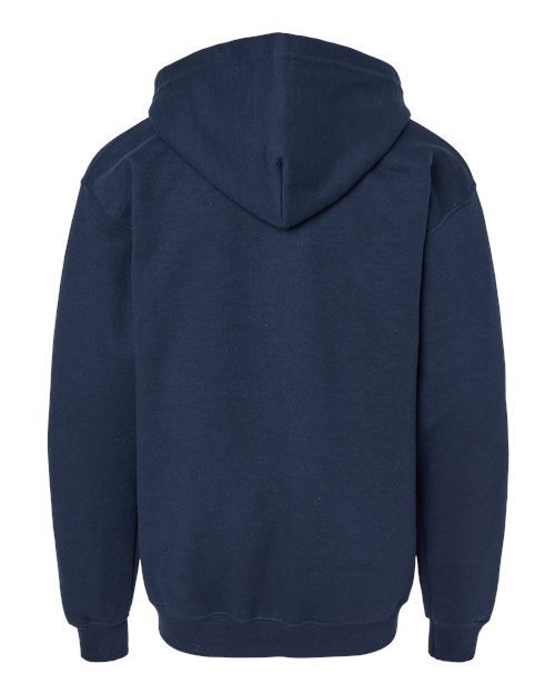 Gildan 18600B Heavy Blend youth full-zip hoodie in Navy, back view showing the hood, long sleeves and ribbed hem.