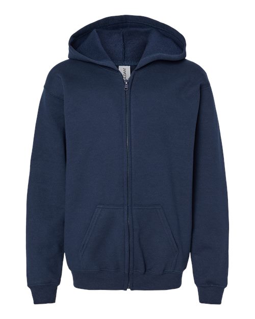 Gildan 18600B Heavy Blend youth full-zip hoodie in Navy, front view showing the zipper, hood and pouch pockets.