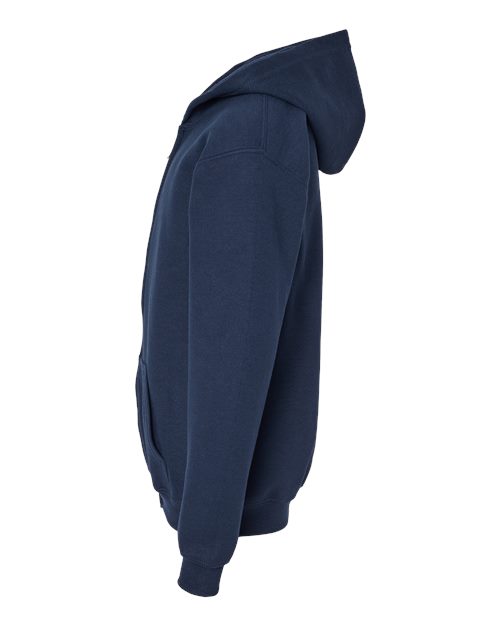 Gildan 18600B Heavy Blend youth full-zip hoodie in Navy, side view showing the hood, sleeve and ribbed cuff.