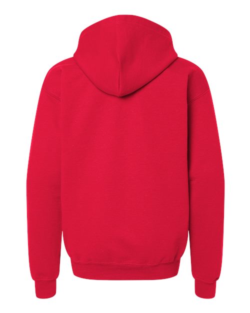 Gildan 18600B Heavy Blend youth full-zip hoodie in Red, back view showing the hood, long sleeves and ribbed hem.