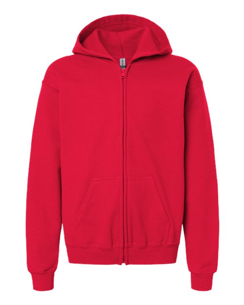 Gildan 18600B Heavy Blend youth full-zip hoodie in Red, front view showing the zipper, hood and pouch pockets.