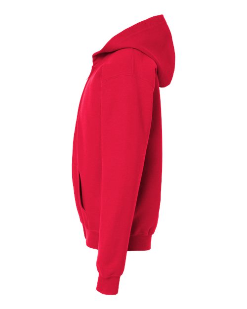 Gildan 18600B Heavy Blend youth full-zip hoodie in Red, side view showing the hood, sleeve and ribbed cuff.