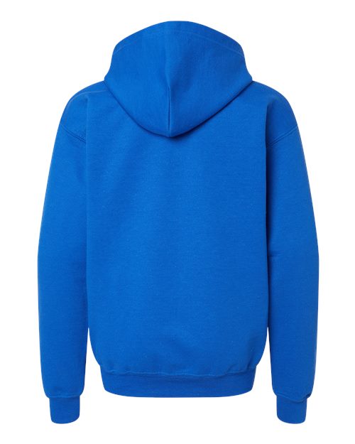 Gildan 18600B Heavy Blend youth full-zip hoodie in Royal, back view showing the hood, long sleeves and ribbed hem.