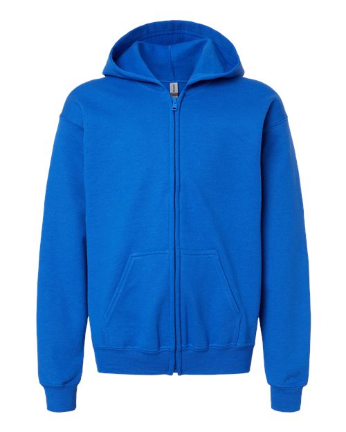 Gildan 18600B Heavy Blend youth full-zip hoodie in Royal, front view showing the zipper, hood and pouch pockets.